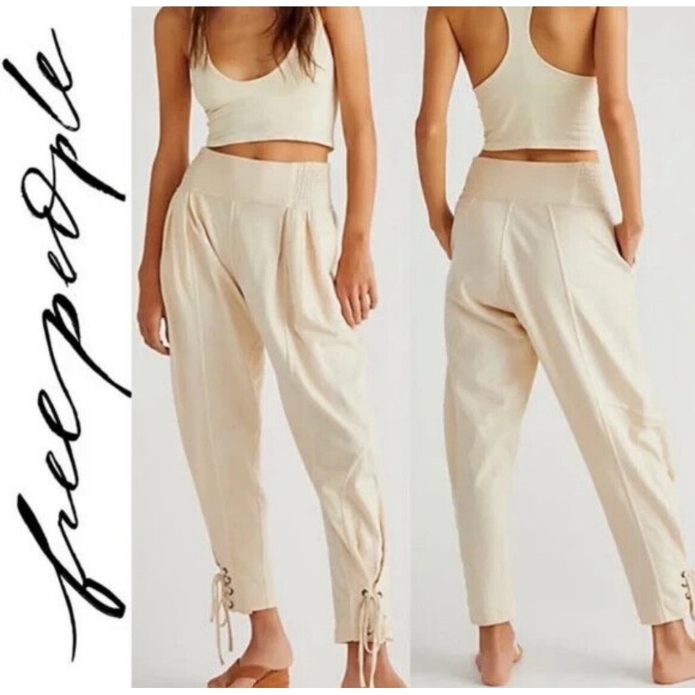 Free People Cream Smocked Waist Lace Up Ankle Jogger Pants XS TP